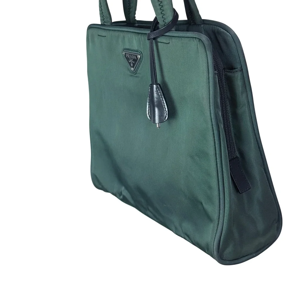 Prada Tessuto Nylon Tote Bag‎ Forest Green Silver Hardware Padlock Clochette